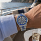 OBLVLO FM-DSL-AD Luxury Mens Mechanical Watch Sapphire Blue Baguette Crystal Bezel Silver Iced Out Automatic Wrist Watch with Date