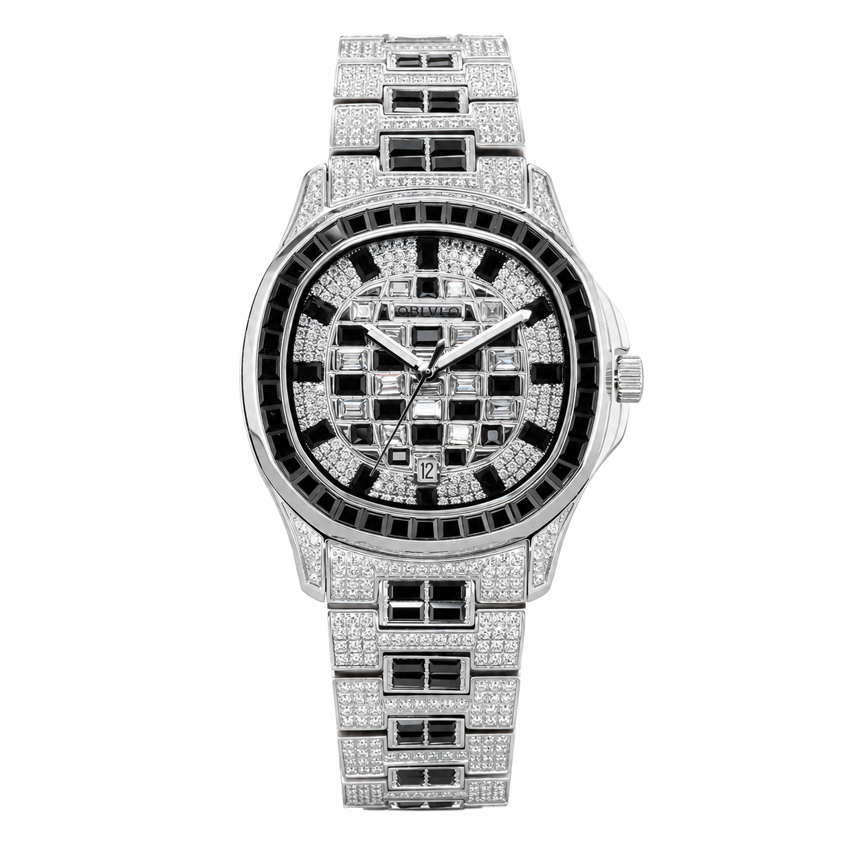 OBLVLO FM-DSL-AD Mens Iced Out Watch Luxury Black Crystal Baguette Bezel Automatic Mechanical Wristwatch Silver Stainless Steel Diamond Watch