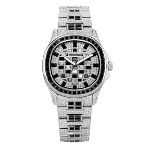 OBLVLO FM-DSL-AD Mens Iced Out Watch Luxury Black Crystal Baguette Bezel Automatic Mechanical Wristwatch Silver Stainless Steel Diamond Watch