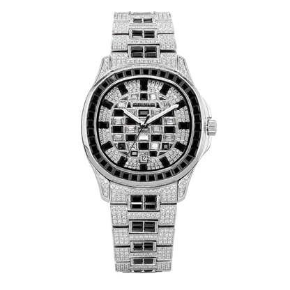OBLVLO FM-DSL-AD Mens Iced Out Watch Luxury Black Crystal Baguette Bezel Automatic Mechanical Wristwatch Silver Stainless Steel Diamond Watch