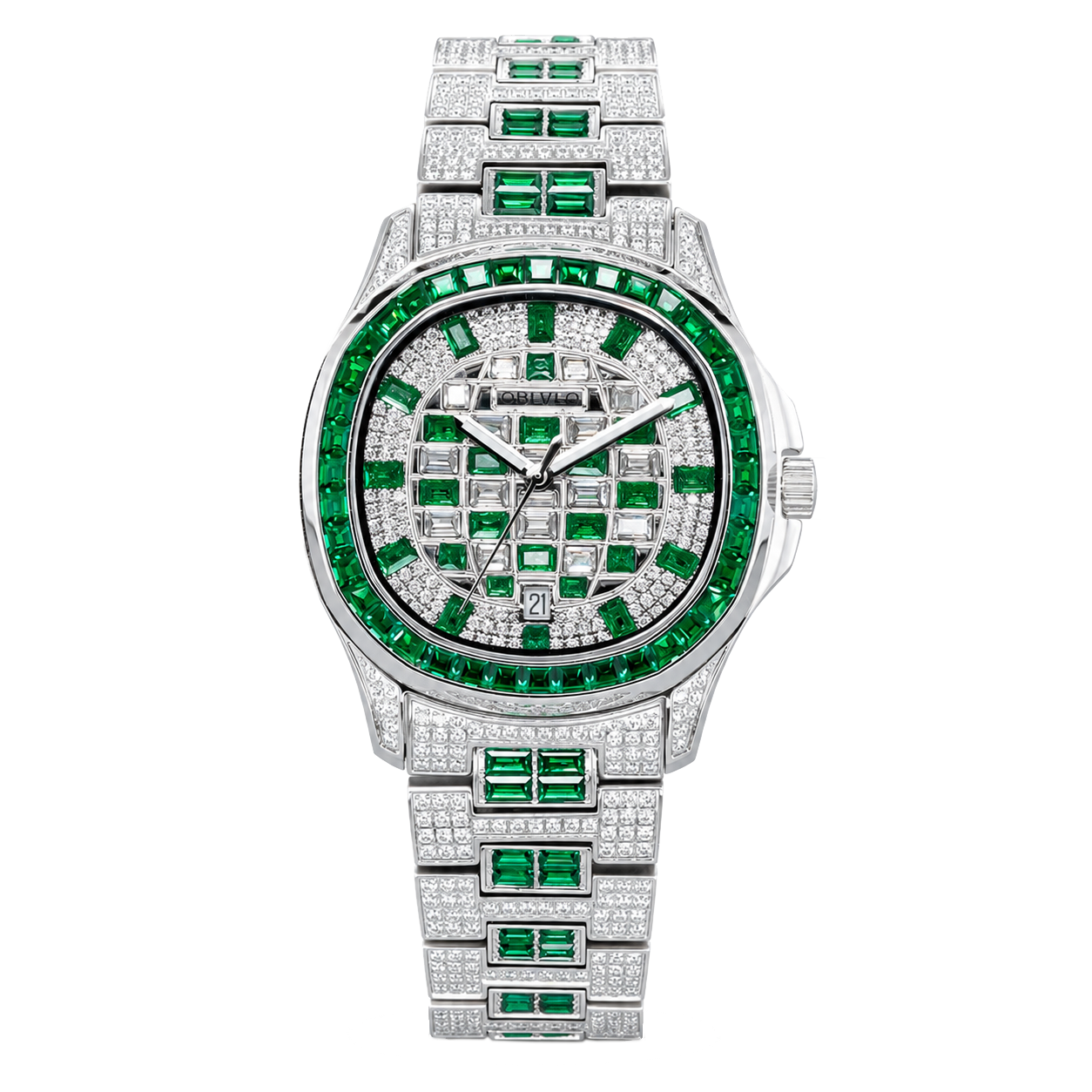 OBLVLO FM-DSL-AD Mens Iced Out Diamond Watch Luxury Emerald Green Baguette Gemstone Automatic Mechanical Wristwatch Silver Stainless Steel