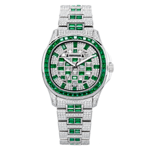 OBLVLO FM-DSL-AD Mens Iced Out Diamond Watch Luxury Emerald Green Baguette Gemstone Automatic Mechanical Wristwatch Silver Stainless Steel