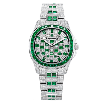 OBLVLO FM-DSL-AD Mens Iced Out Diamond Watch Luxury Emerald Green Baguette Gemstone Automatic Mechanical Wristwatch Silver Stainless Steel