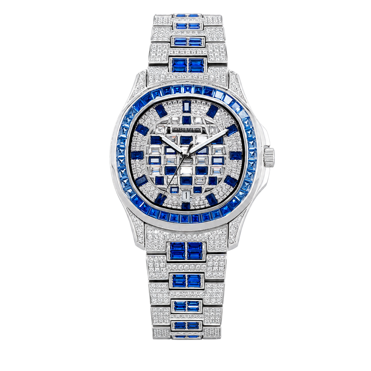 OBLVLO FM-DSL-AD Luxury Mens Mechanical Watch Sapphire Blue Baguette Crystal Bezel Silver Iced Out Automatic Wrist Watch with Date