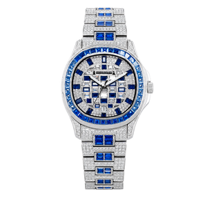 OBLVLO FM-DSL-AD Luxury Mens Mechanical Watch Sapphire Blue Baguette Crystal Bezel Silver Iced Out Automatic Wrist Watch with Date