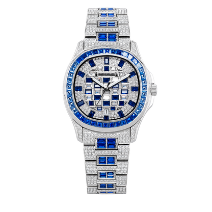 OBLVLO FM-DSL-AD Luxury Mens Mechanical Watch Sapphire Blue Baguette Crystal Bezel Silver Iced Out Automatic Wrist Watch with Date