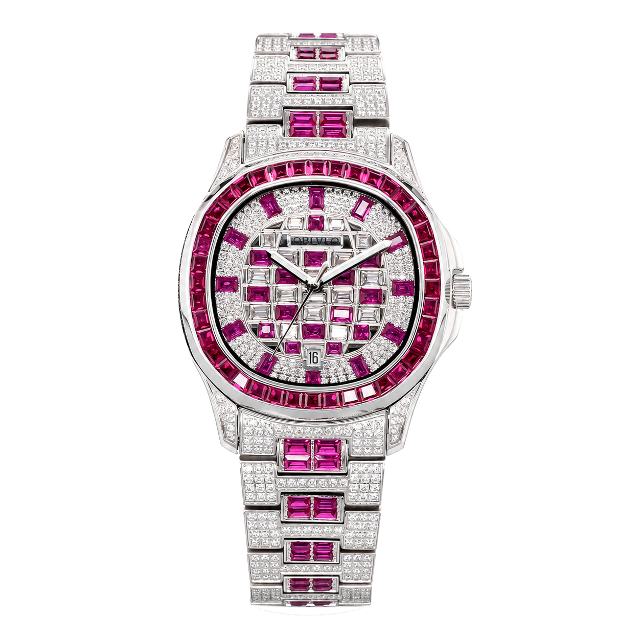 OBLVLO FM-DSL-AD Luxury Mens Automatic Watch Ruby Red Baguette Gemstone Bezel Full Crystal Grid Dial Silver Mechanical Wrist Watch