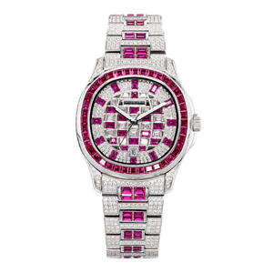 OBLVLO FM-DSL-AD Luxury Mens Automatic Watch Ruby Red Baguette Gemstone Bezel Full Crystal Grid Dial Silver Mechanical Wrist Watch