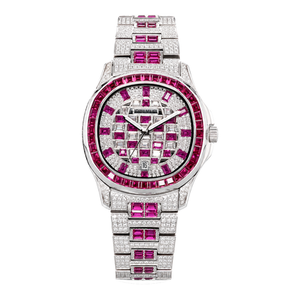 OBLVLO FM-DSL-AD Luxury Mens Automatic Watch Ruby Red Baguette Gemstone Bezel Full Crystal Grid Dial Silver Mechanical Wrist Watch