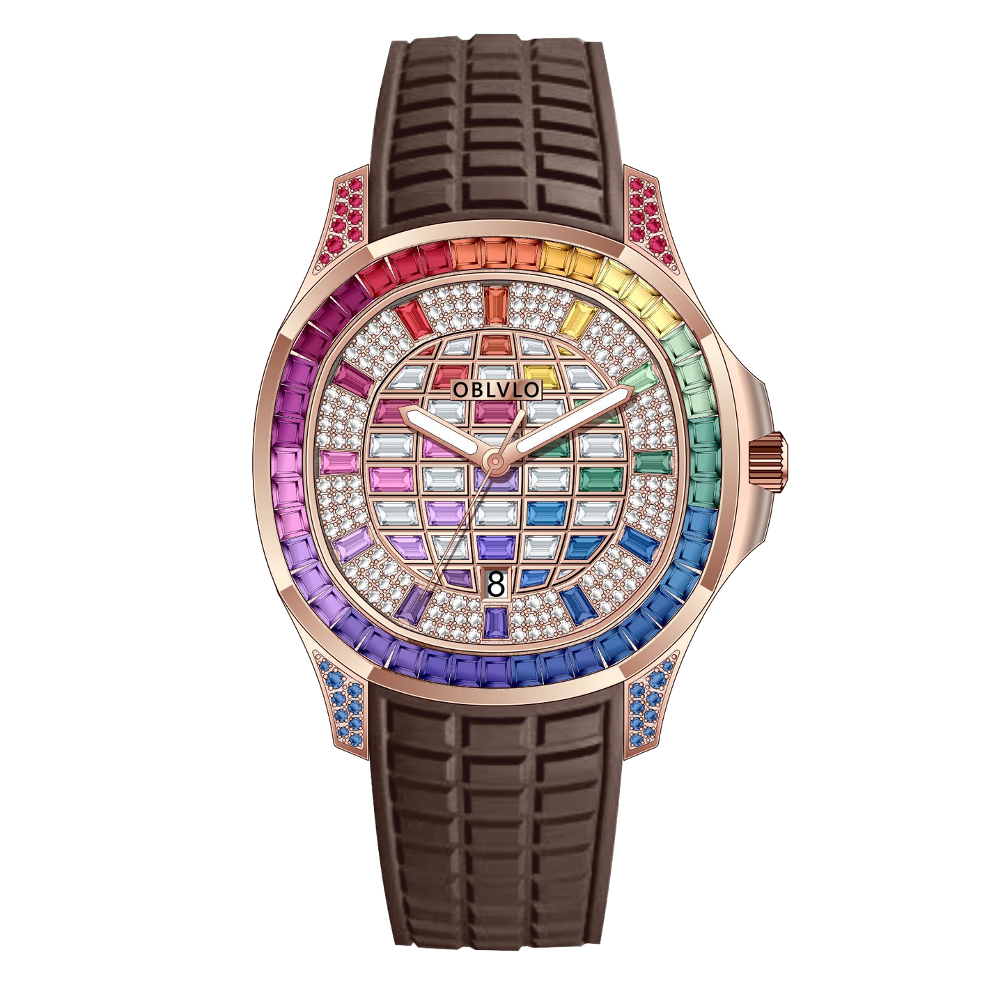 Affordable 40mm Square Rose Gold OBLVLO FM-DSL - Luxury Rainbow Baguette Stone Zircon/Moissanite Bezel Automatic Watch