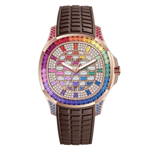 Affordable 40mm Square Rose Gold OBLVLO FM-DSL - Luxury Rainbow Baguette Stone Zircon/Moissanite Bezel Automatic Watch