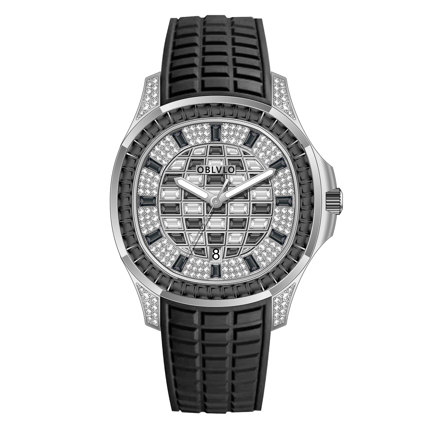 OBLVLO FM-DSL - Men's 40mm Square Luxury Black Baguette Stone Zircon/Moissanite Automatic Mechanical Watch