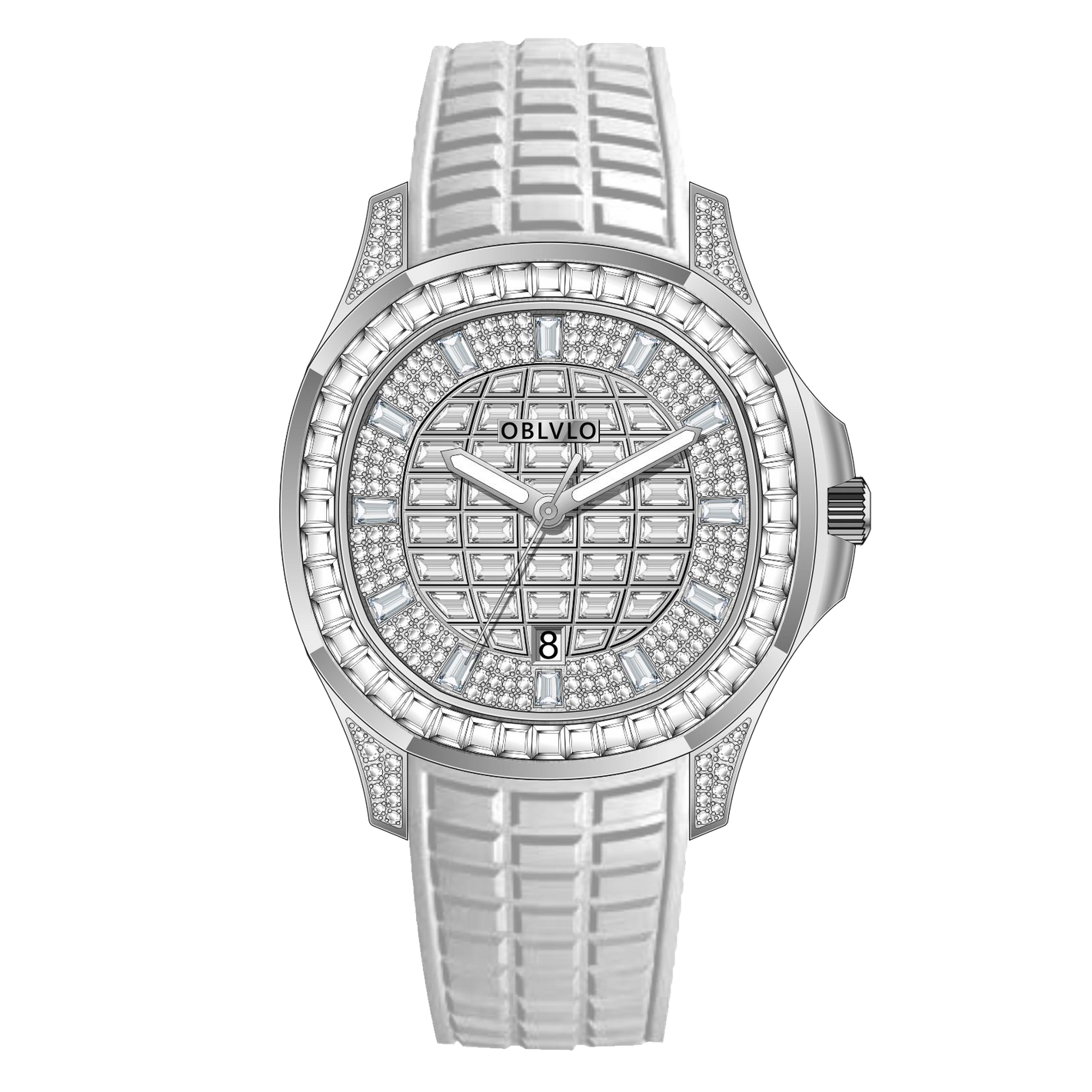 OBLVLO FM-DSL - Affordable 40mm White Crystal Dial & Baguette Stone Zircon/Moissanite Bezel Automatic Watch