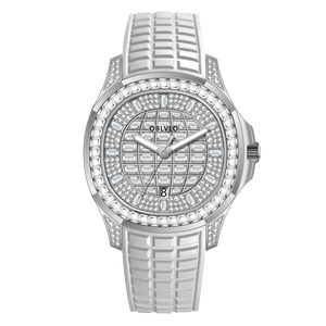OBLVLO FM-DSL - Affordable 40mm White Crystal Dial & Baguette Stone Zircon/Moissanite Bezel Automatic Watch
