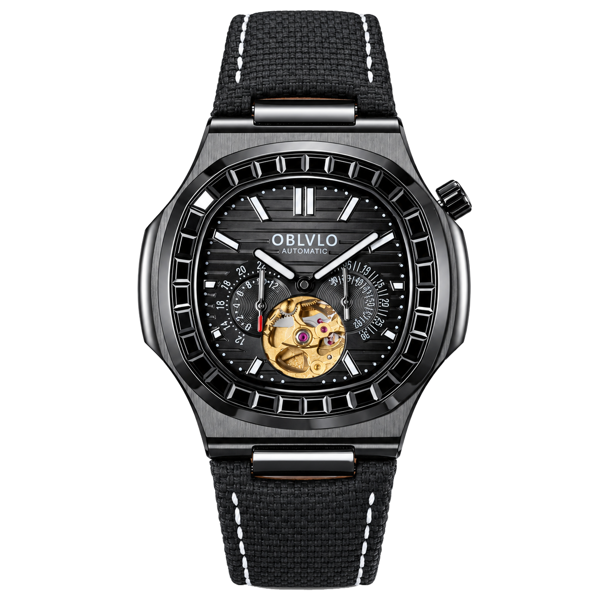 OBLVLO FM-SF Men's All Black Stealth Automatic Watch Open Heart Black Bezel Mechanical Wristwatch Black Leather Strap