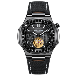 OBLVLO FM-SF Men's All Black Stealth Automatic Watch Open Heart Black Bezel Mechanical Wristwatch Black Leather Strap