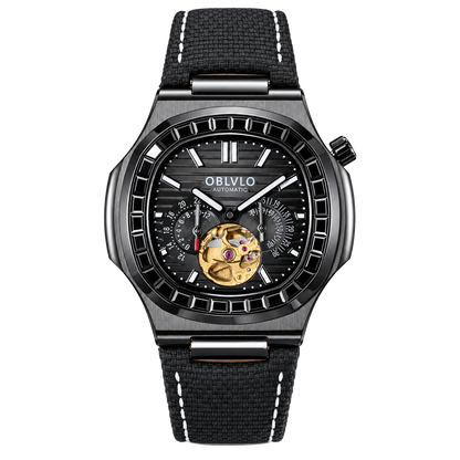 OBLVLO FM-SF Men's All Black Stealth Automatic Watch Open Heart Black Bezel Mechanical Wristwatch Black Leather Strap