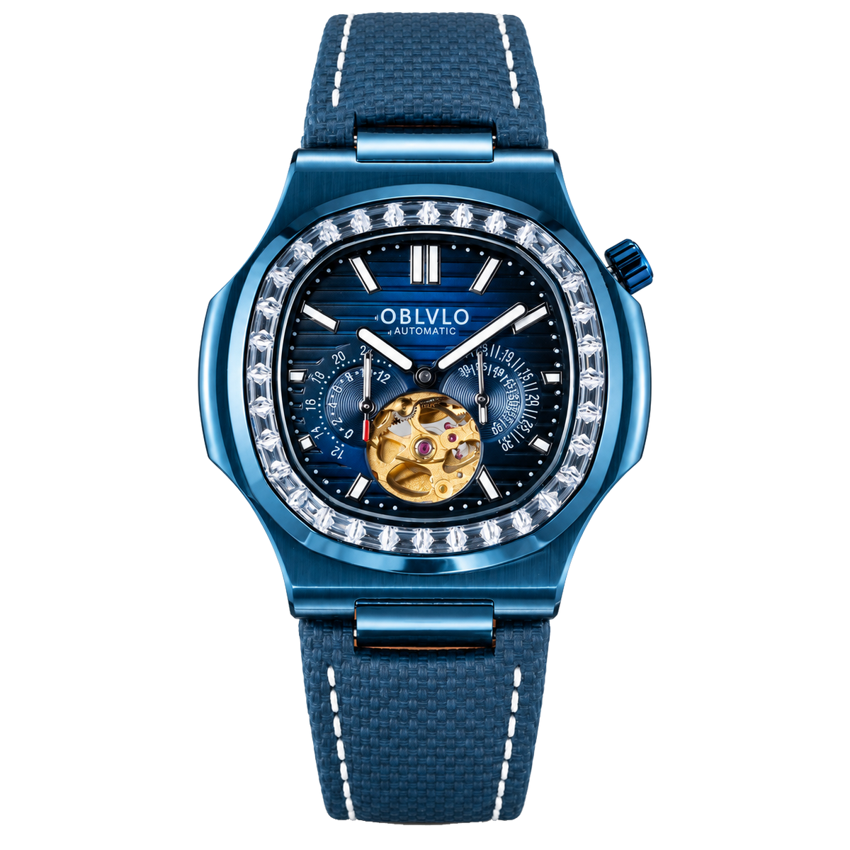 OBLVLO FM-SF Men's All-Blue Automatic Mechanical Watch Open Heart Diamond Bezel Metallic Blue Stainless Steel Case Leather Strap