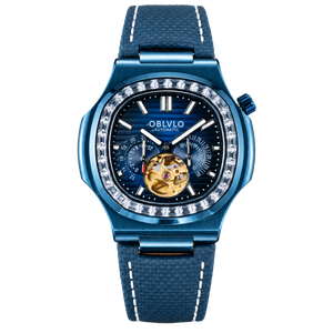 OBLVLO FM-SF Men's All-Blue Automatic Mechanical Watch Open Heart Diamond Bezel Metallic Blue Stainless Steel Case Leather Strap