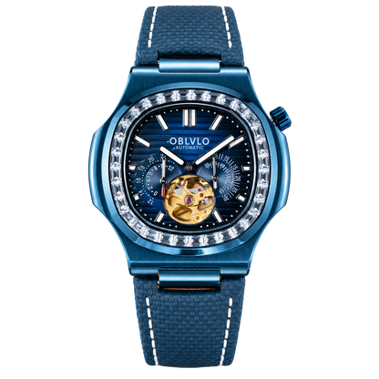 OBLVLO FM-SF Men's All-Blue Automatic Mechanical Watch Open Heart Diamond Bezel Metallic Blue Stainless Steel Case Leather Strap