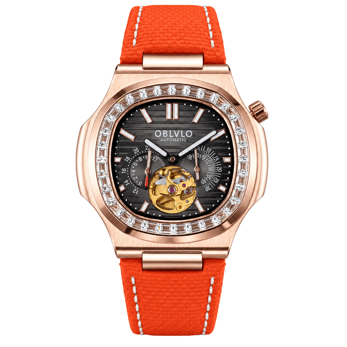 OBLVLO FM-SF Men's Luxury Sport Automatic Watch Rose Gold Diamond Bezel Open Heart Black Dial Orange Leather Strap Mechanical Wristwatch