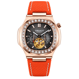 OBLVLO FM-SF Men's Luxury Sport Automatic Watch Rose Gold Diamond Bezel Open Heart Black Dial Orange Leather Strap Mechanical Wristwatch