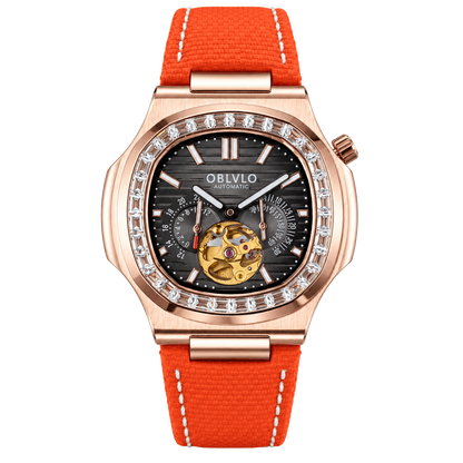 OBLVLO FM-SF Men's Luxury Sport Automatic Watch Rose Gold Diamond Bezel Open Heart Black Dial Orange Leather Strap Mechanical Wristwatch