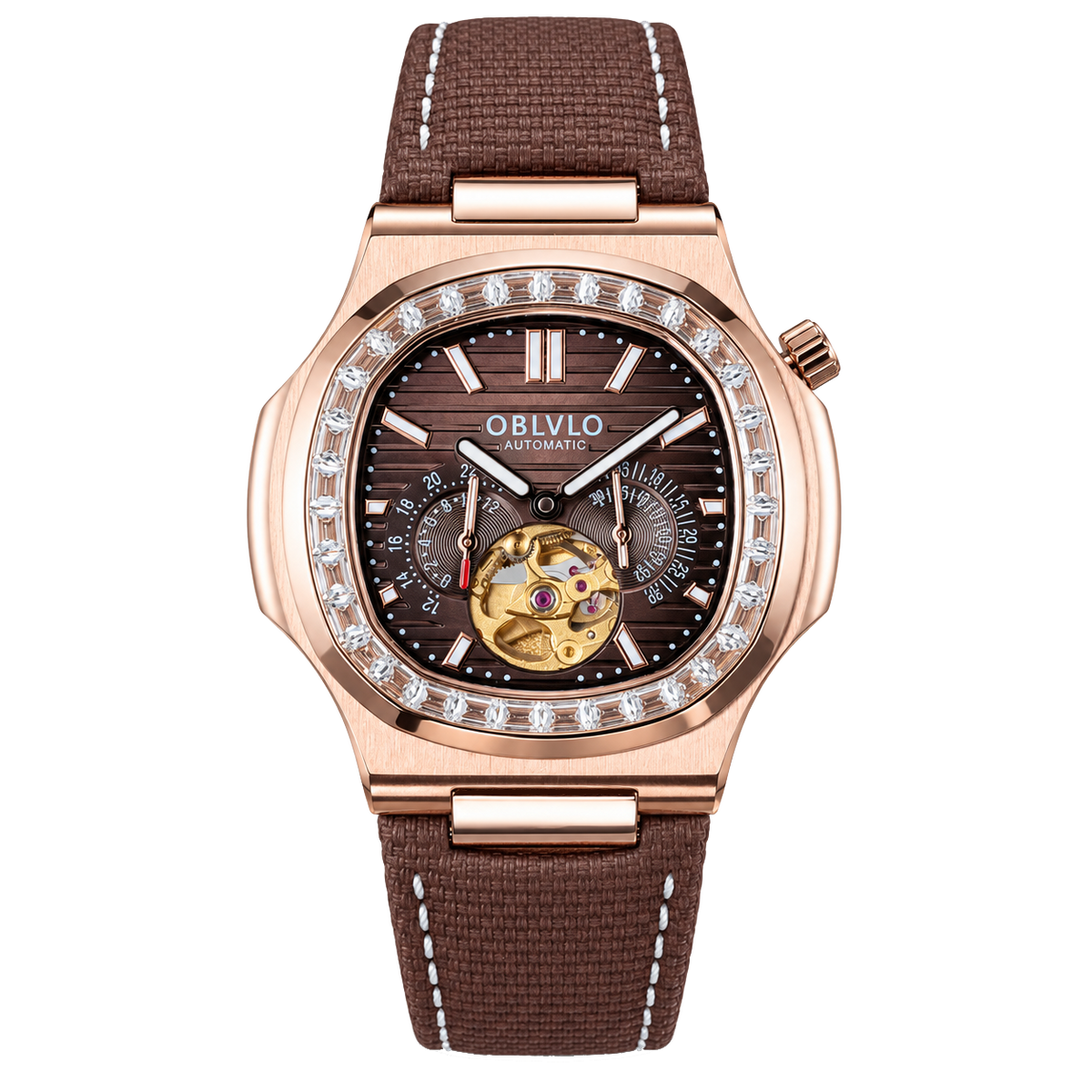 OBLVLO FM-SF Men's Rose Gold Automatic Mechanical Watch Open Heart Brown Dial Luxury Diamond Bezel Wristwatch Genuine Leather Strap