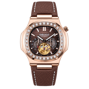 OBLVLO FM-SF Men's Rose Gold Automatic Mechanical Watch Open Heart Brown Dial Luxury Diamond Bezel Wristwatch Genuine Leather Strap