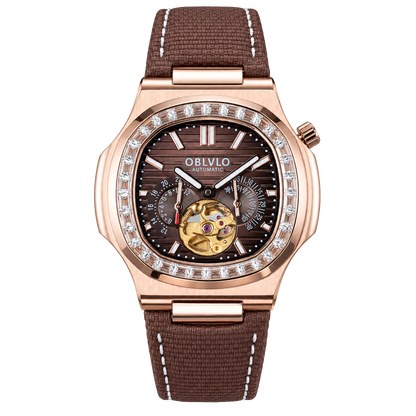OBLVLO FM-SF Men's Rose Gold Automatic Mechanical Watch Open Heart Brown Dial Luxury Diamond Bezel Wristwatch Genuine Leather Strap