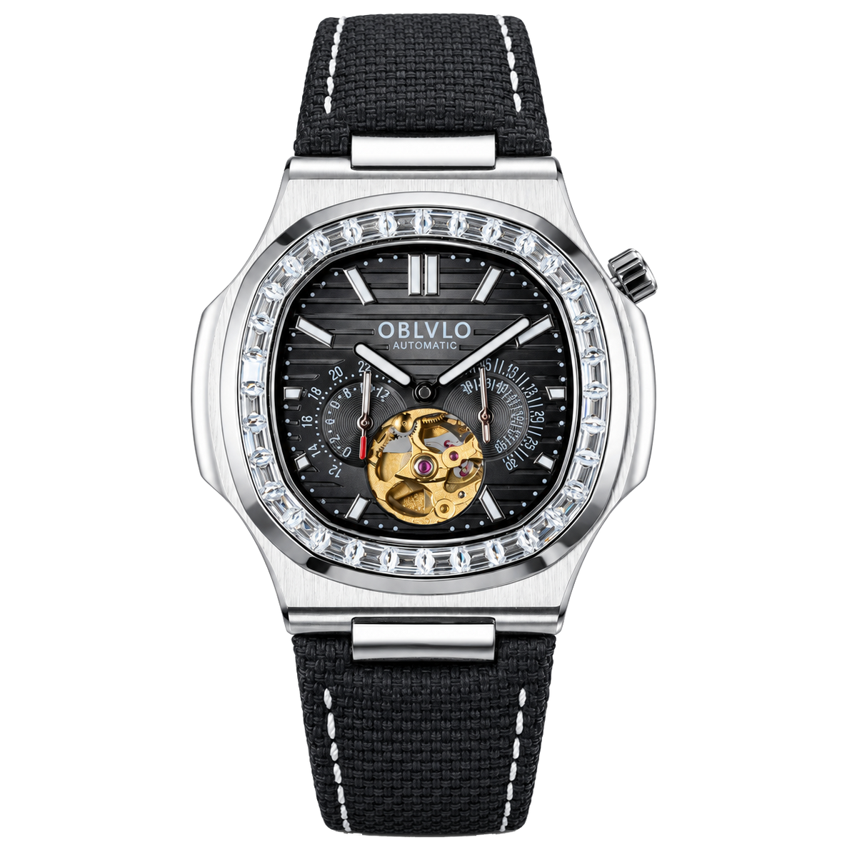 OBLVLO FM-SF Men's Diamond Bezel Automatic Watch Skeleton Open Heart Black Dial Mechanical Wristwatch Silver Case Stitched Black Leather Strap