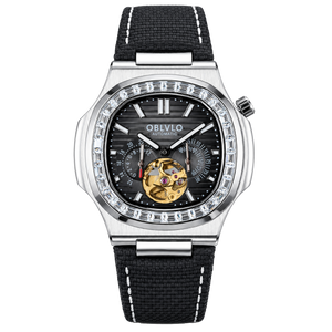 OBLVLO FM-SF Men's Diamond Bezel Automatic Watch Skeleton Open Heart Black Dial Mechanical Wristwatch Silver Case Stitched Black Leather Strap