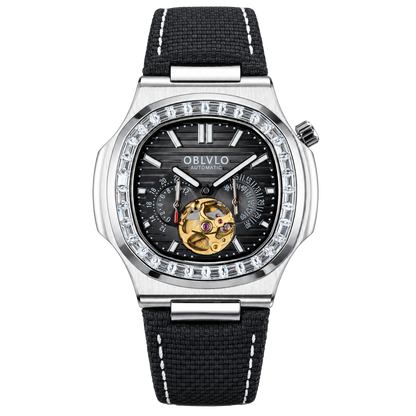 OBLVLO FM-SF Men's Diamond Bezel Automatic Watch Skeleton Open Heart Black Dial Mechanical Wristwatch Silver Case Stitched Black Leather Strap