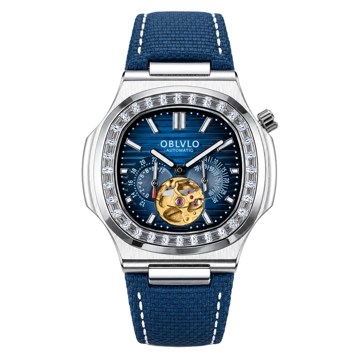 OBLVLO FM-SF Men's Open Heart Automatic Watch Silver Stainless Steel Luxury Diamond Bezel Mechanical Wristwatch Blue Dial Textured Leather Strap