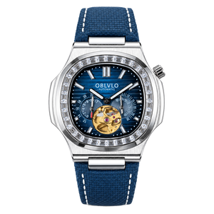 OBLVLO FM-SF Men's Open Heart Automatic Watch Silver Stainless Steel Luxury Diamond Bezel Mechanical Wristwatch Blue Dial Textured Leather Strap