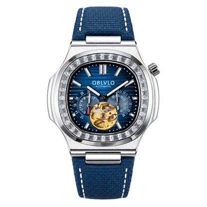 OBLVLO FM-SF Men's Open Heart Automatic Watch Silver Stainless Steel Luxury Diamond Bezel Mechanical Wristwatch Blue Dial Textured Leather Strap