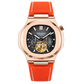 OBLVLO FM-SF Men's Luxury Sport Automatic Watch Rose Gold Diamond Bezel Open Heart Black Dial Orange Leather Strap Mechanical Wristwatch