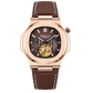 OBLVLO FM-SF Men's Rose Gold Automatic Mechanical Watch Open Heart Brown Dial Luxury Diamond Bezel Wristwatch Genuine Leather Strap
