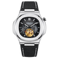 OBLVLO FM-SF Men's Diamond Bezel Automatic Watch Skeleton Open Heart Black Dial Mechanical Wristwatch Silver Case Stitched Black Leather Strap