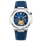 OBLVLO FM-SF Men's Open Heart Automatic Watch Silver Stainless Steel Luxury Diamond Bezel Mechanical Wristwatch Blue Dial Textured Leather Strap