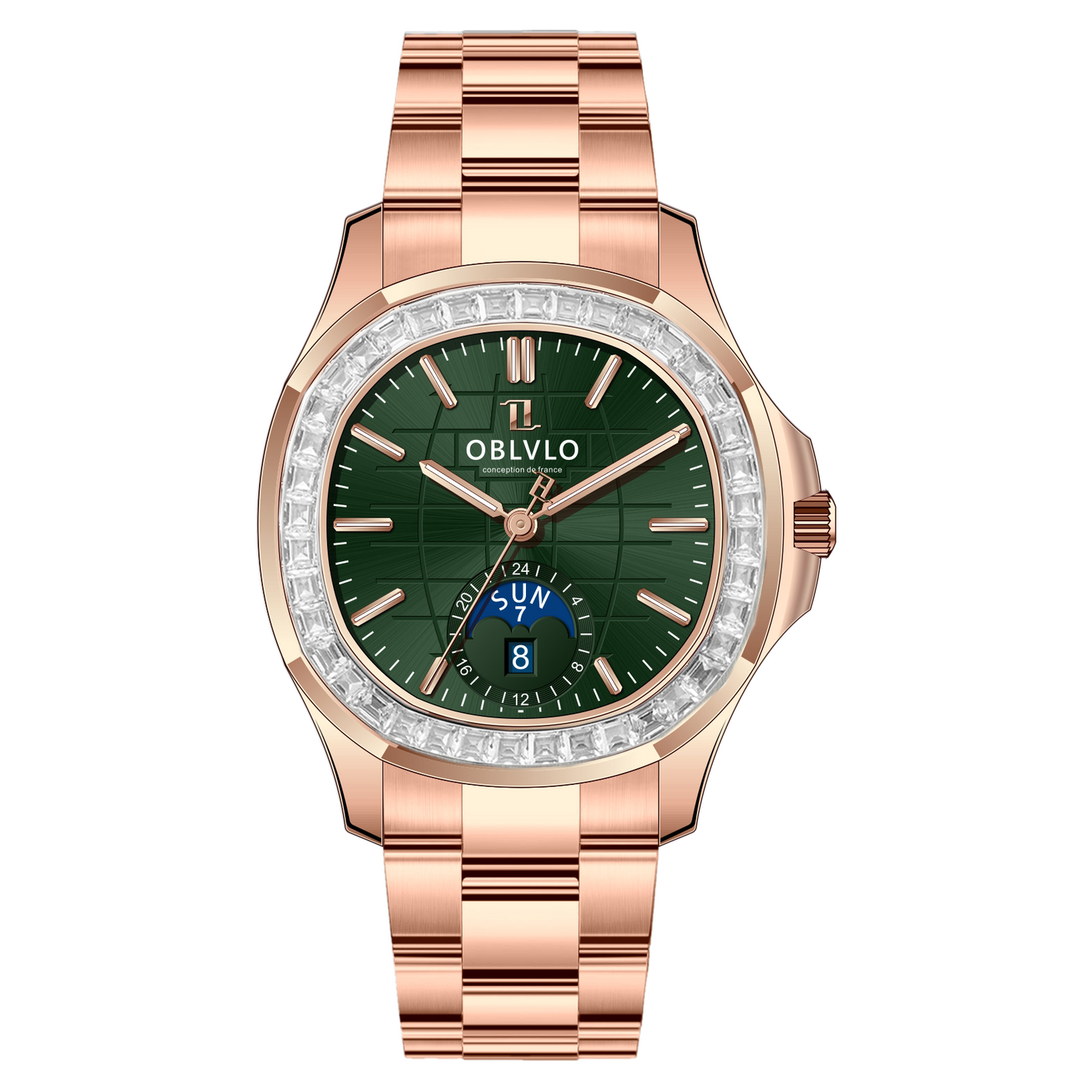 OBLVLO FM-SL-DD-D Green Dial 39mm Crystal Bezel & Rose Gold Sqaure Case Automatic Moonphase Watch