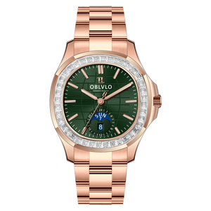 OBLVLO FM-SL-DD-D Green Dial 39mm Crystal Bezel & Rose Gold Sqaure Case Automatic Moonphase Watch