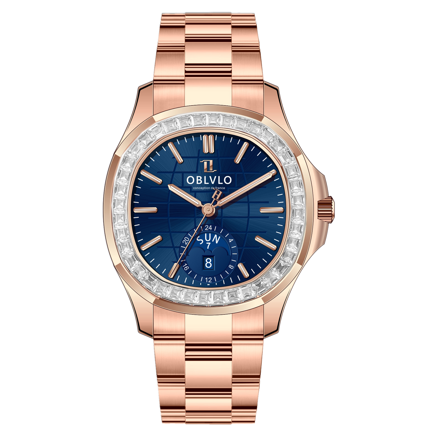OBLVLO FM-SL-DD-D - Blue 39mm Moonphase Dial & Rose Gold Sqaure Case Automatic Dress Watch for men
