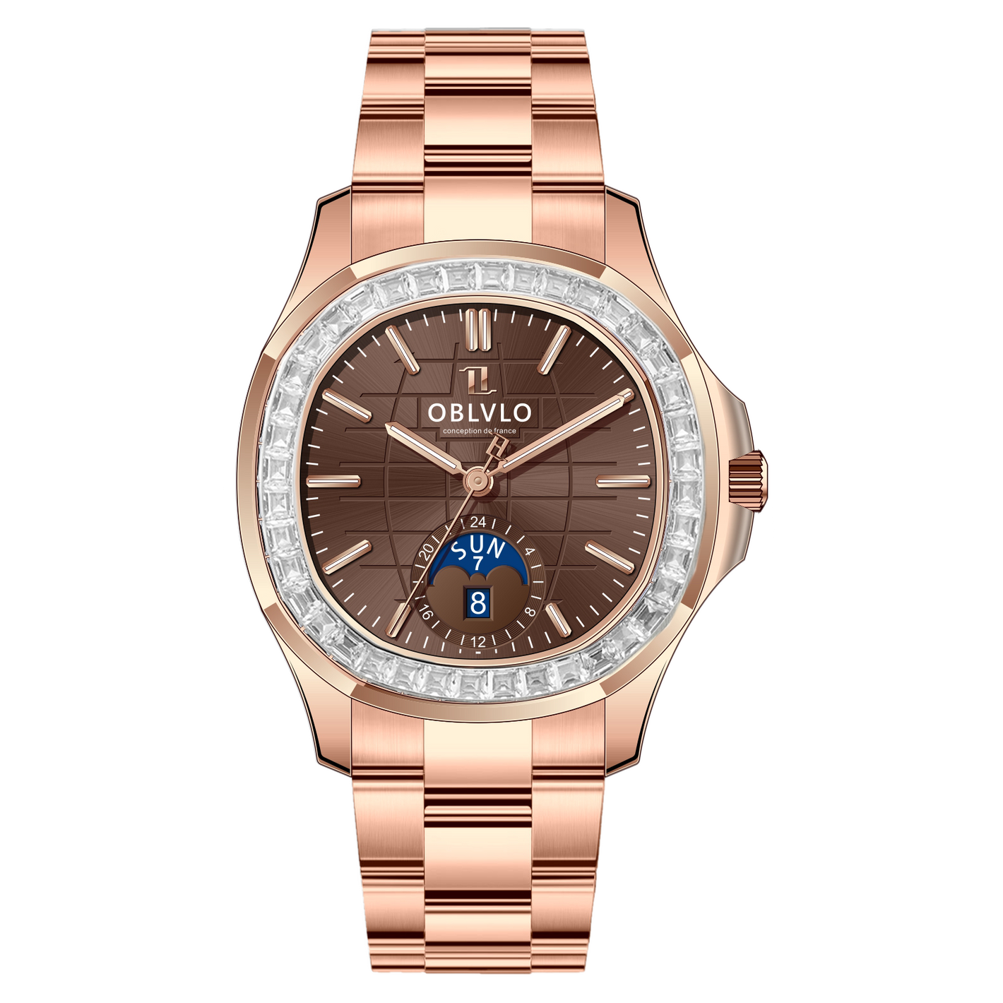 OBLVLO FM-SL-DD-D 39mm Mens Automatic Moonphase Watch - Brown Dia & Rose Gold Sqaure Case Inlay zirconia