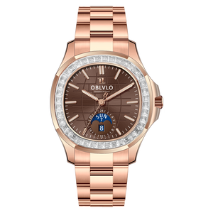 OBLVLO FM-SL-DD-D 39mm Mens Automatic Moonphase Watch - Brown Dia & Rose Gold Sqaure Case Inlay zirconia