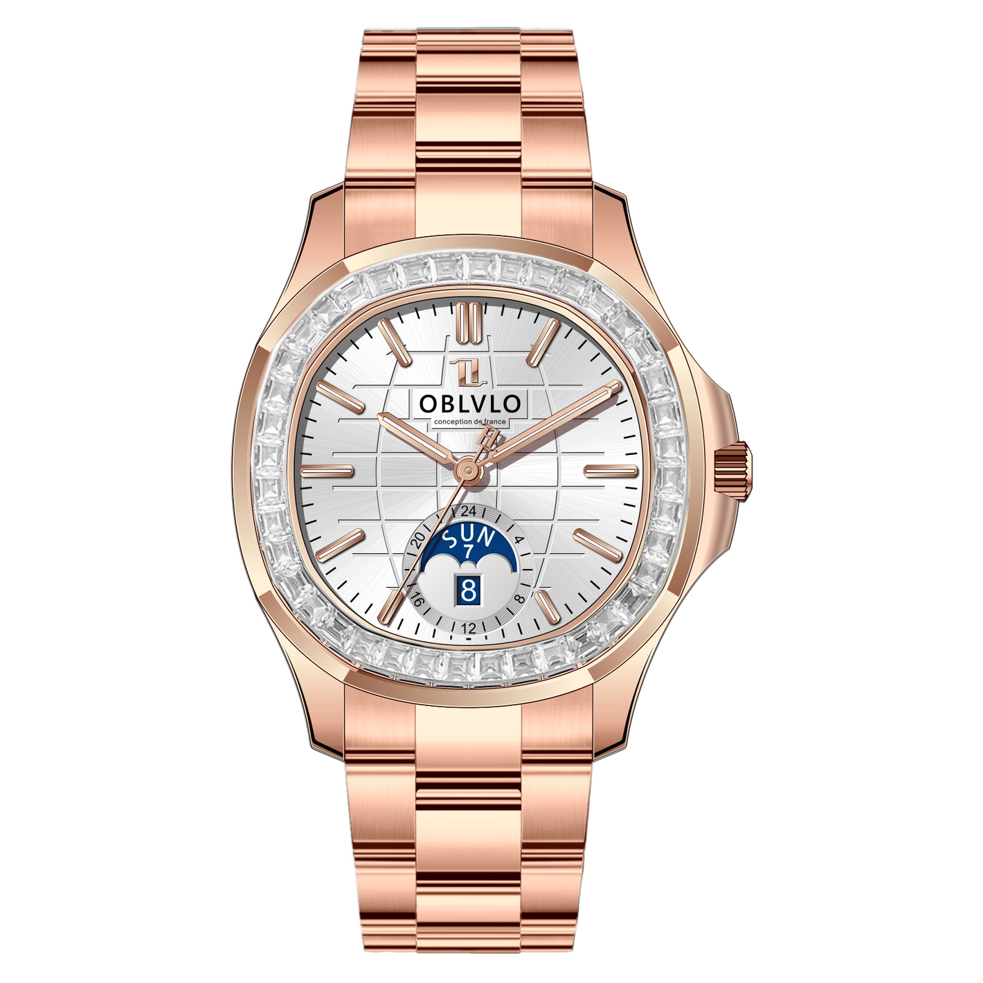 OBLVLO FM-SL-DD-D Rose Gold 39mm Square & White Dial Automatic Moonphase Business Wrist Watches