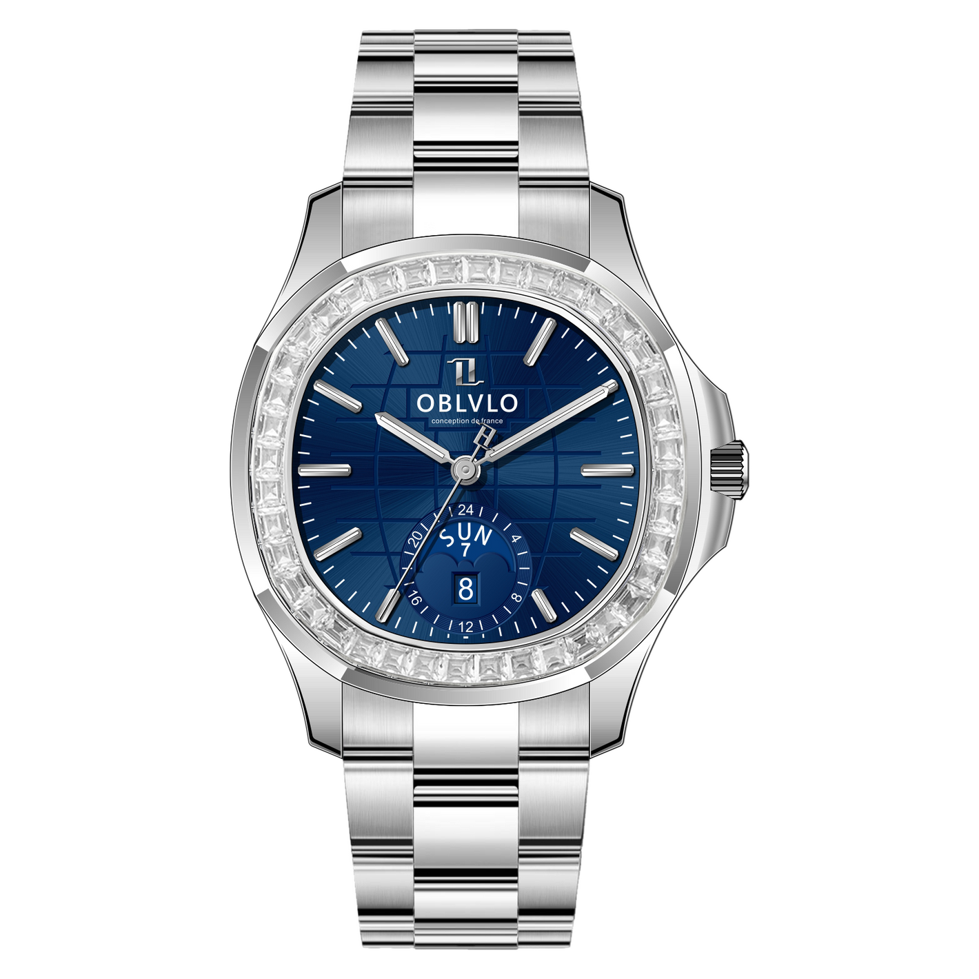 39mm OBLVLO FM-SL-DD-D 39mm Blue Dial Men's Automatic Business Watch with Crystal Diamond Bezel