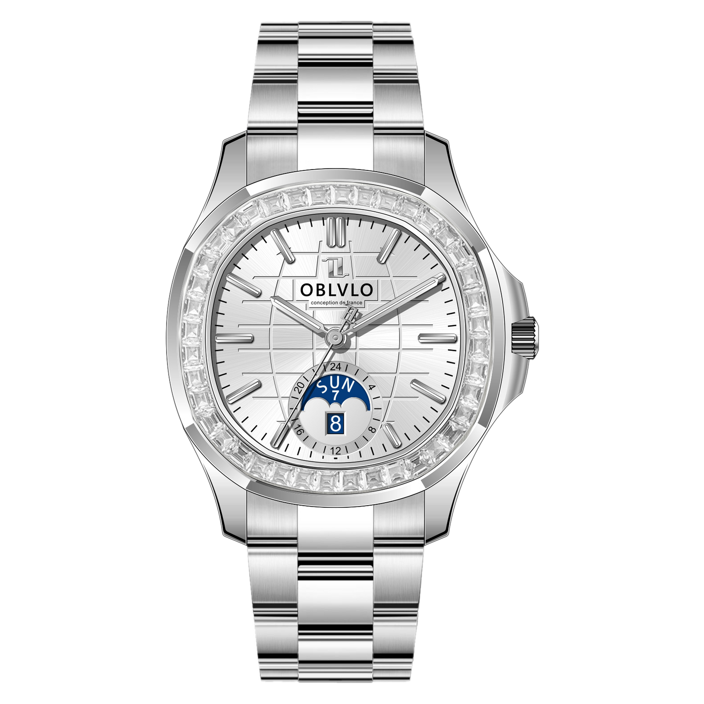 OBLVLO FM-SL-DD-D 39mm Men's Automatic Self Winding Mechanical Luxury Dress Moon Phase Wrist Watch