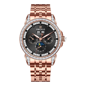 OBLVLO GCM-MUT - Affordable Black Dial & White Zirconia Bezel Rose Gold Multifunction Moon Phase Style Automatic Watch