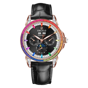 Affordable 41mm Rose Gold OBLVLO GCM-MUT - Luxury Rainbow Zirconia Bezel Automatic Watch